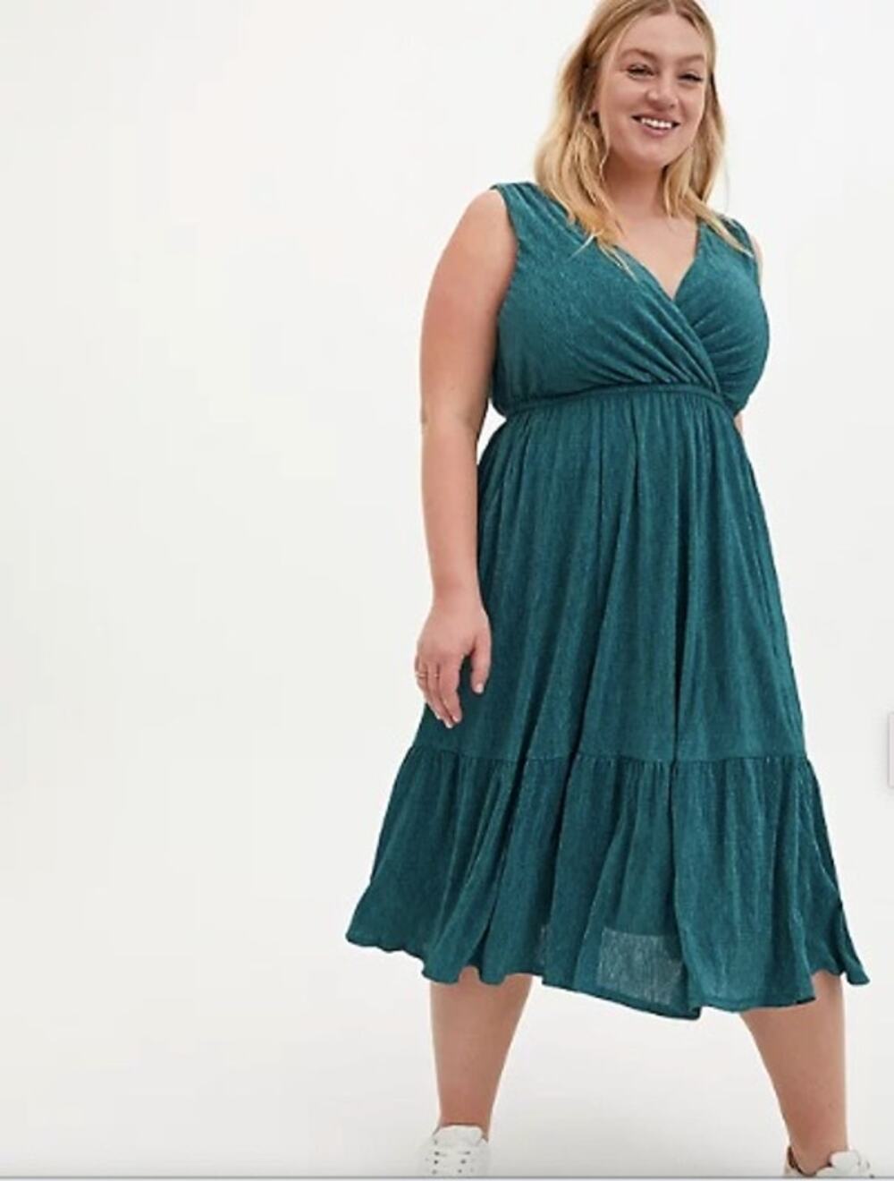 Torrid Midi Crinkle Knit Surplice Green Skater Dress Basic Dressy Size 1 1X